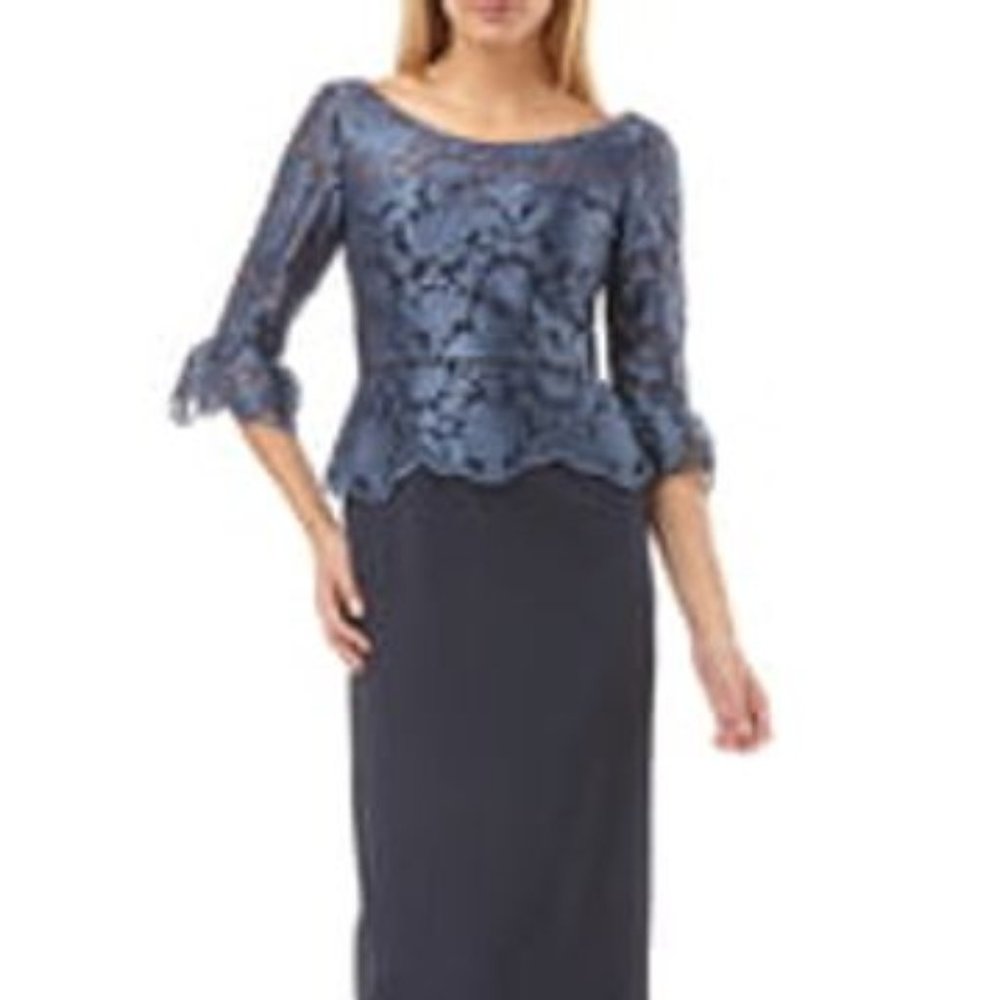 JS Collections Embroidered Mesh Peplum Gown